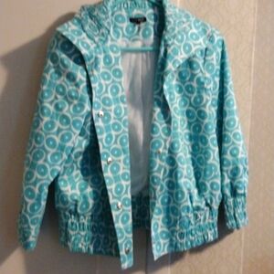 600 West light blue and white lined jacket
